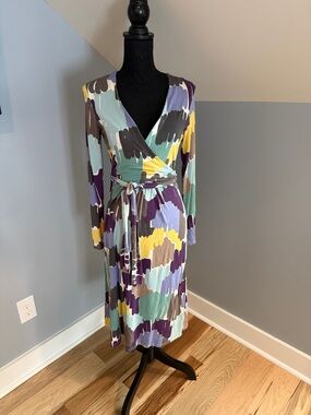 Boden Multi-Color Wrap StylebMidi Dress in Purple, Yellow, Green